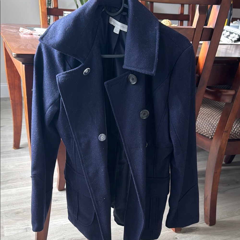 New York & Company Blue Pea Coat with Wide Lapels